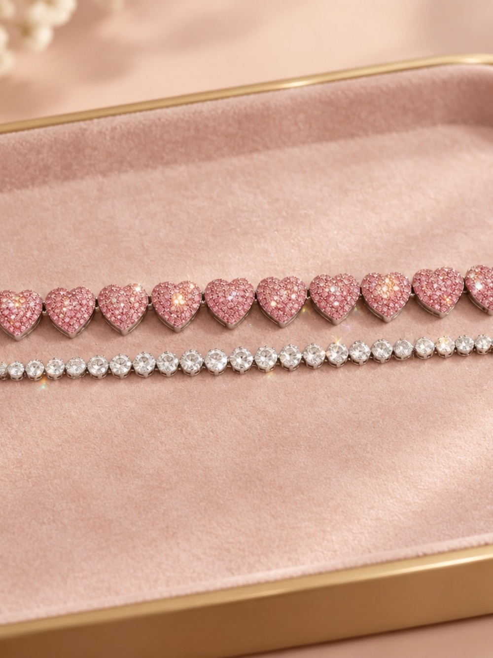 Source Unknown Pink Heart Pavé Bracelet and Crystal Tennis Duo